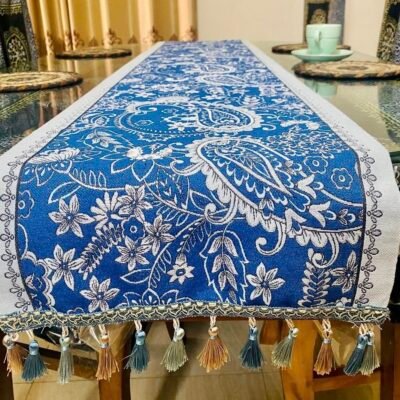 American Style Vintage Table Runner with Floral Jacquard Weave with Tassel. Single Table Runner.