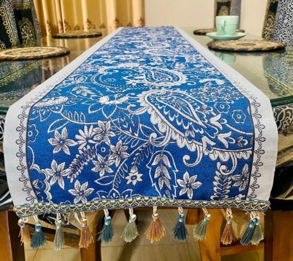 American Style Vintage Table Runner with Floral Jacquard Weave with Tassel. Single Table Runner.