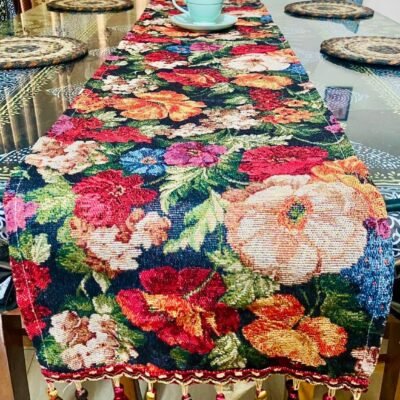 Vintage Floral Tapestry Dining Table Runner with Tassels. Single Runner
