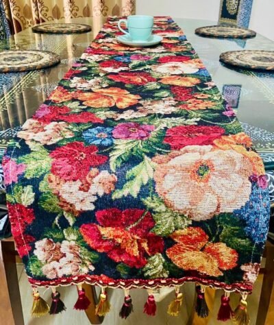 Vintage Floral Tapestry Dining Table Runner with Tassels. Single Runner