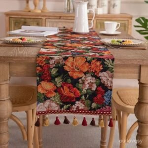 Vintage Floral Tapestry Dining Table Runner with Tassels. Single Runner