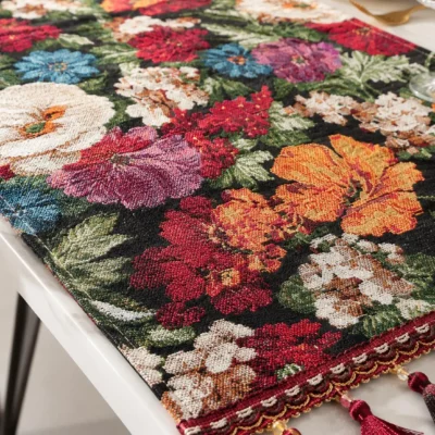 Vintage Floral Tapestry Dining Table Runner with Tassels. Single Runner