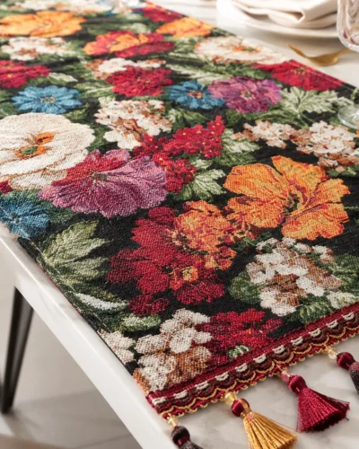 Vintage Floral Tapestry Dining Table Runner with Tassels. Single Runner